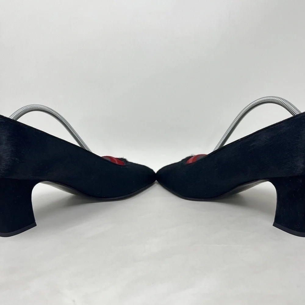 Womens Stuart Weitzman Fur Pumps 9 C Vintage Black Leather Heels Shoes
